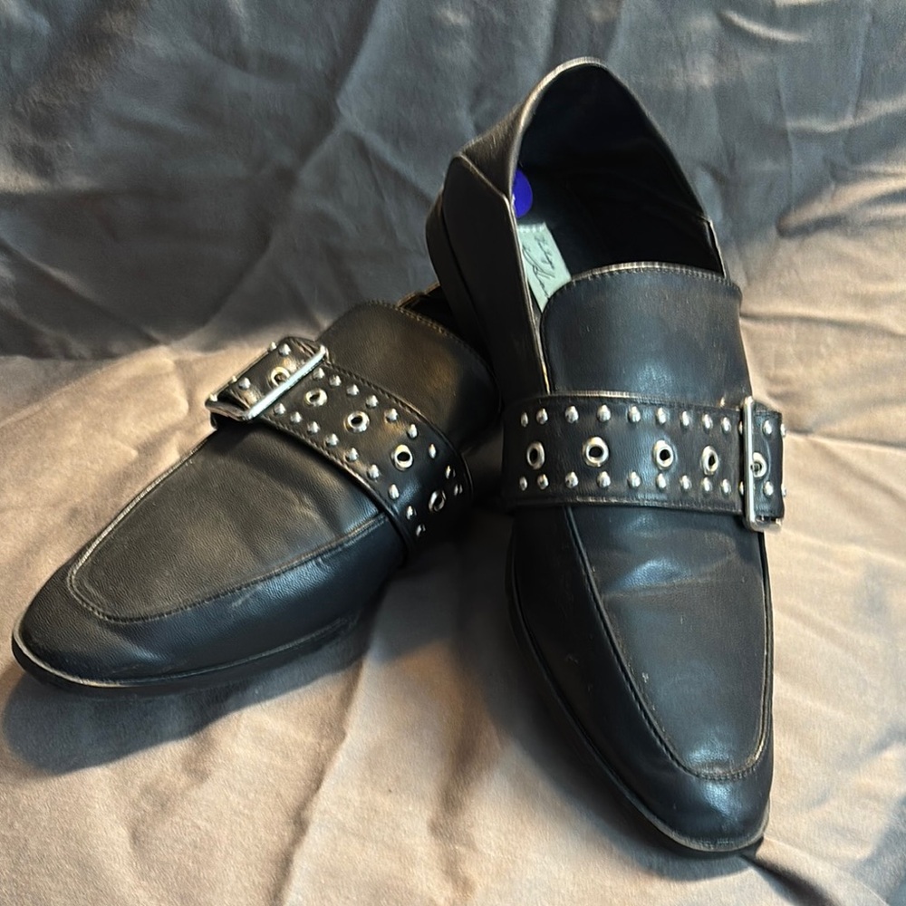 Black Leather Loafers with Studded Strap